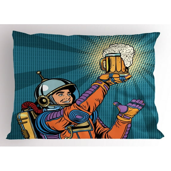 Ambesonne Astronaut Pillow Sham, Astronaut Holds Beer, 26" X 20", Multicolor