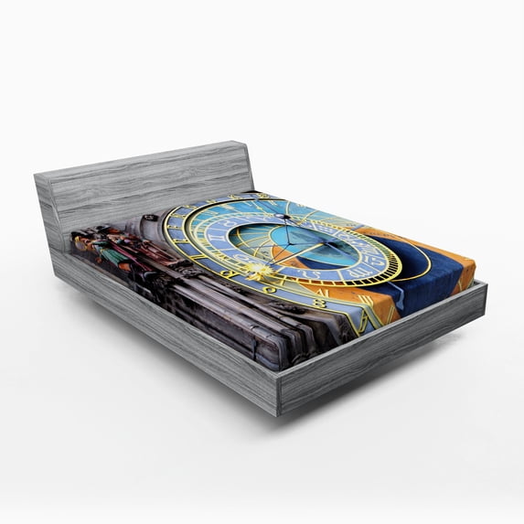 Ambesonne Astronomical Fitted Sheet, Old Town Medieval, Queen Size, Blue and Yellow