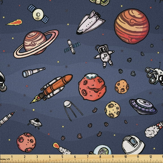 Ambesonne Astronomy Fabric by the Yard Microfiber, Outer Space Astronaut, 1 Yard, Dark Indigo Burnt Sienna