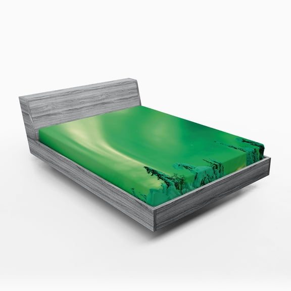 Ambesonne Aurora Borealis Fitted Sheet, Icy Pine Tree, Full Size, Fern Green