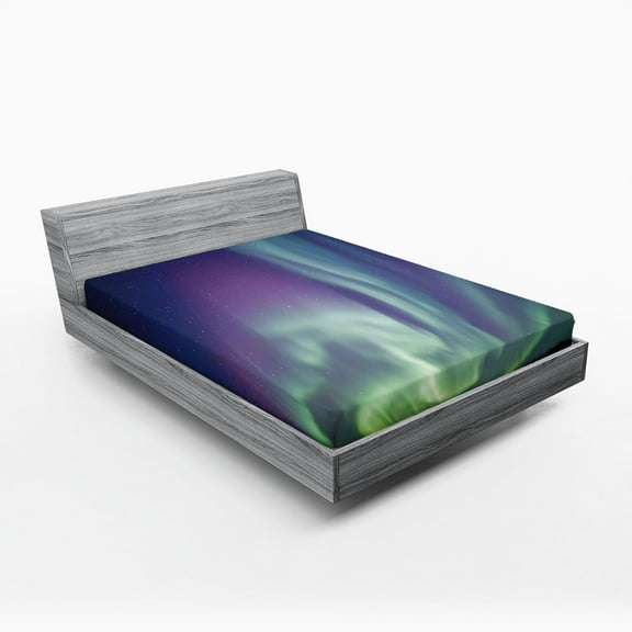 Ambesonne Aurora Borealis Fitted Sheet, Solar Sky Stars, Full Size, Dark Blue Mint Green