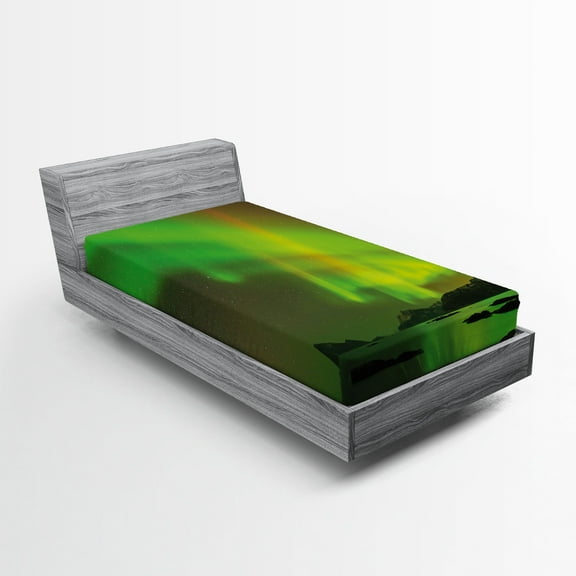 Ambesonne Aurora Borealis Fitted Sheet, Tranquil View, Twin Size, Lime and Reseda Green