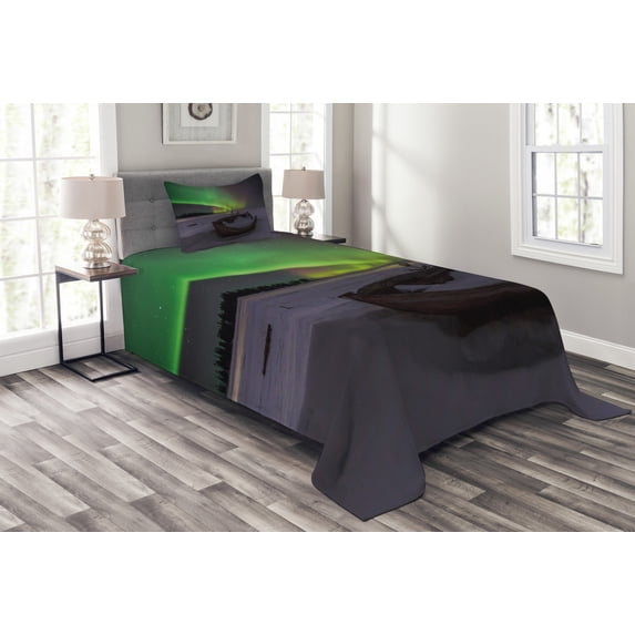 Ambesonne Aurora Borealis Quilted Bedspread Set 2 Pcs, Boat and Galaxy, Twin Size, Multicolor