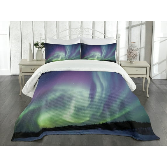 Ambesonne Aurora Borealis Quilted Bedspread Set 3 Pcs, Solar Sky Stars, Queen Size, Dark Blue Mint Green