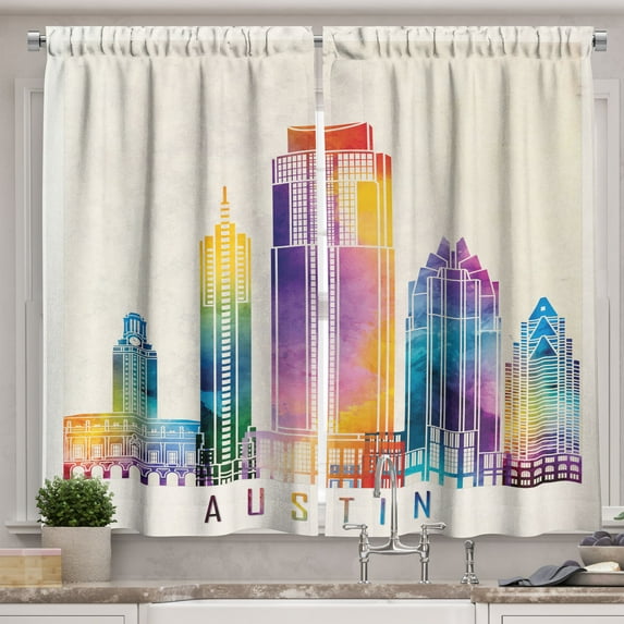 Ambesonne Austin Kitchen Curtains, Outlined Monuments Skylines, 55"x39", Multicolor