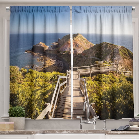 Ambesonne Australia Kitchen Curtains, Rocks Bridge and the Sea, 55"x45", Tan Green Blue