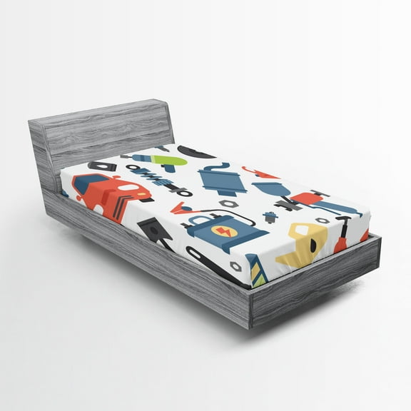 Ambesonne Auto Mechanic Fitted Sheet 2 Pcs Set, Car Repair Elements, Twin XL, Multicolor
