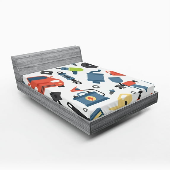Ambesonne Auto Mechanic Fitted Sheet, Car Repair Elements, King Size, Multicolor