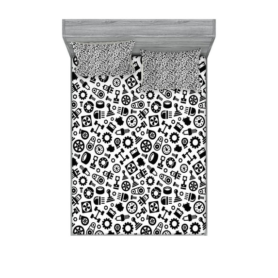 Ambesonne Auto Mechanic Fitted Sheet & Pillow Sham Set, Car Spare Parts, King, Dark Grey White