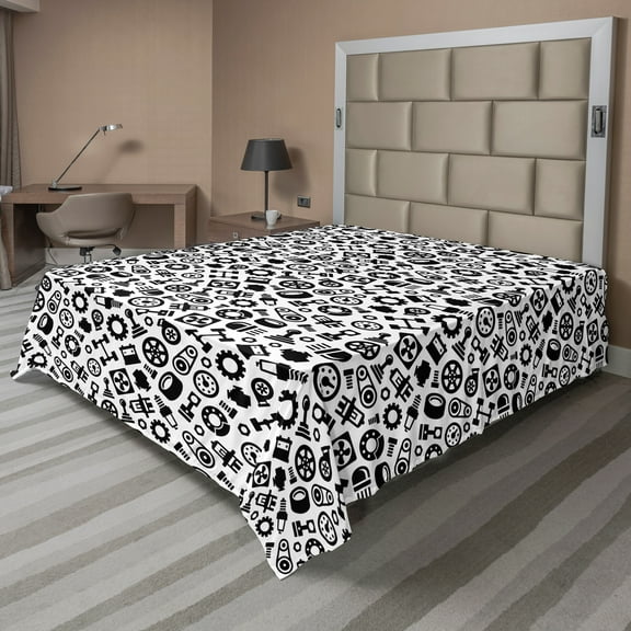 Ambesonne Auto Mechanic Flat Sheet, Car Spare Parts, Queen Size, Dark Grey White