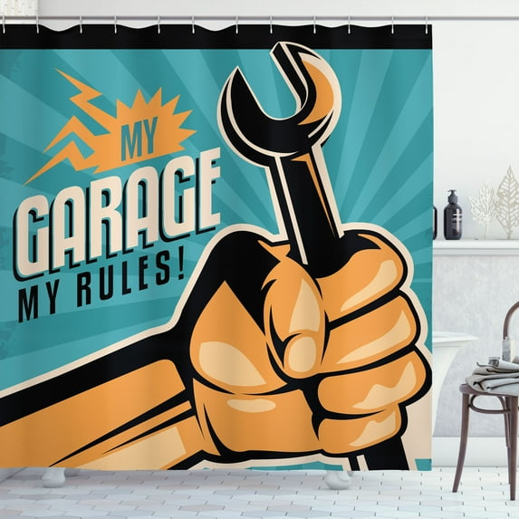 Ambesonne Auto Mechanic Shower Curtain, Retro Holding Wrench, 69"Wx75"L, Multicolor