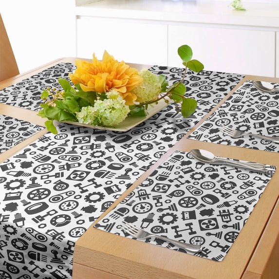 Ambesonne Auto Mechanic Table Runner & Placemats, Car Spare Parts, Placemat 4 pcs + Runner 16"x90", Dark Grey White