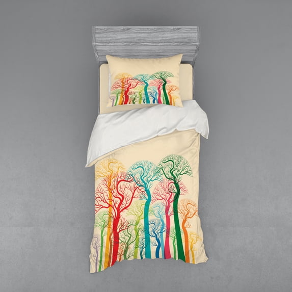 Ambesonne Autumn Bedding Set 3 Pcs, Colorful Abstract Trees, Twin XL, Multicolor