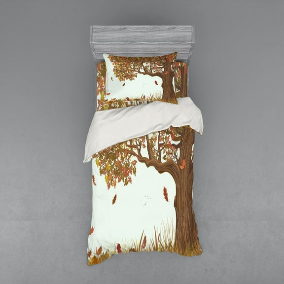 Ambesonne Autumn Bedding Set 3 Pcs, Deciduous Oak Leaves, Twin XL, Umber Redwood