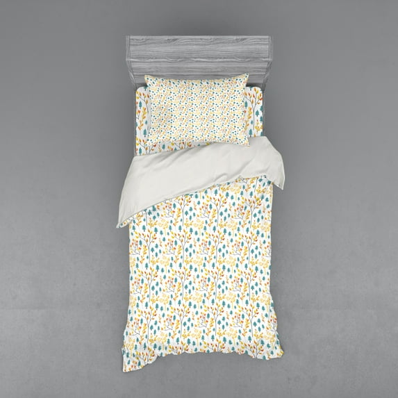 Ambesonne Autumn Bedding Set 3 Pcs, Doodle of Fallen Leafage, Twin, Cadet Blue and Marigold