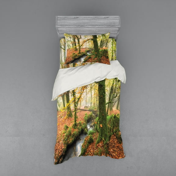 Ambesonne Autumn Bedding Set 3 Pcs, Misty Woods Cornwall, Twin, Orange Green Yellow