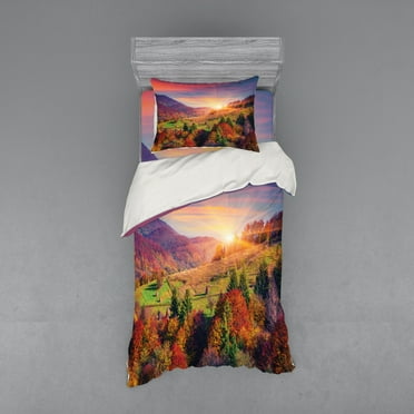 Ambesonne Autumn Bedding Set 3 Pcs, Morning in Mountain Tree, Twin, Red Purple Green
