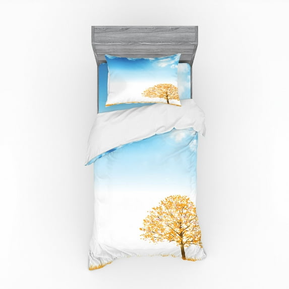 Ambesonne Autumn Bedding Set 3 Pcs, Pastoral Maple Tree, Twin XL, Orange Blue and White