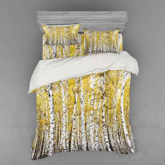 Ambesonne Autumn Bedding Set 4 Pcs, Forest Golden Leaves, Queen, Yellow Grey