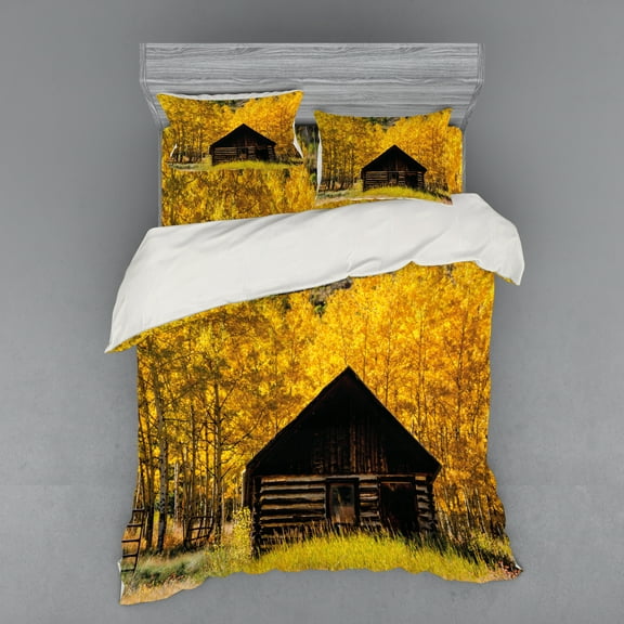 Ambesonne Autumn Bedding Set 4 Pcs, Landscape Cottage Grunge, Queen, Yellow and Brown