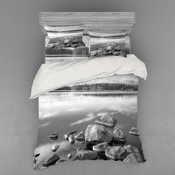 Ambesonne Autumn Bedding Set 4 Pcs, Rock in Lake Shore, Queen, Black White