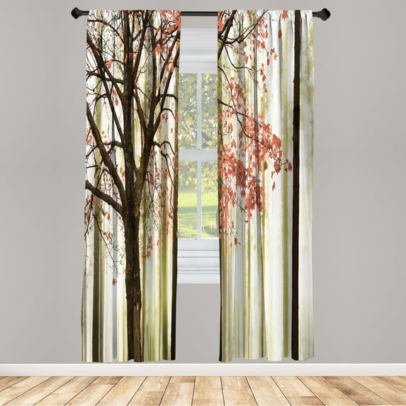 Ambesonne Autumn Curtains, Lonely Tree Leaves Woods, Pair of 28"x63", Coral Cream