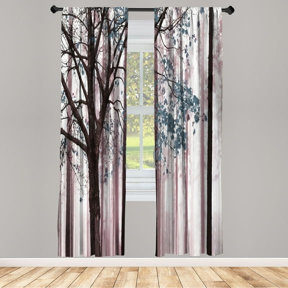 Ambesonne Autumn Curtains, Lonely Tree Leaves Woods, Pair of 28"x84", Grey Pink