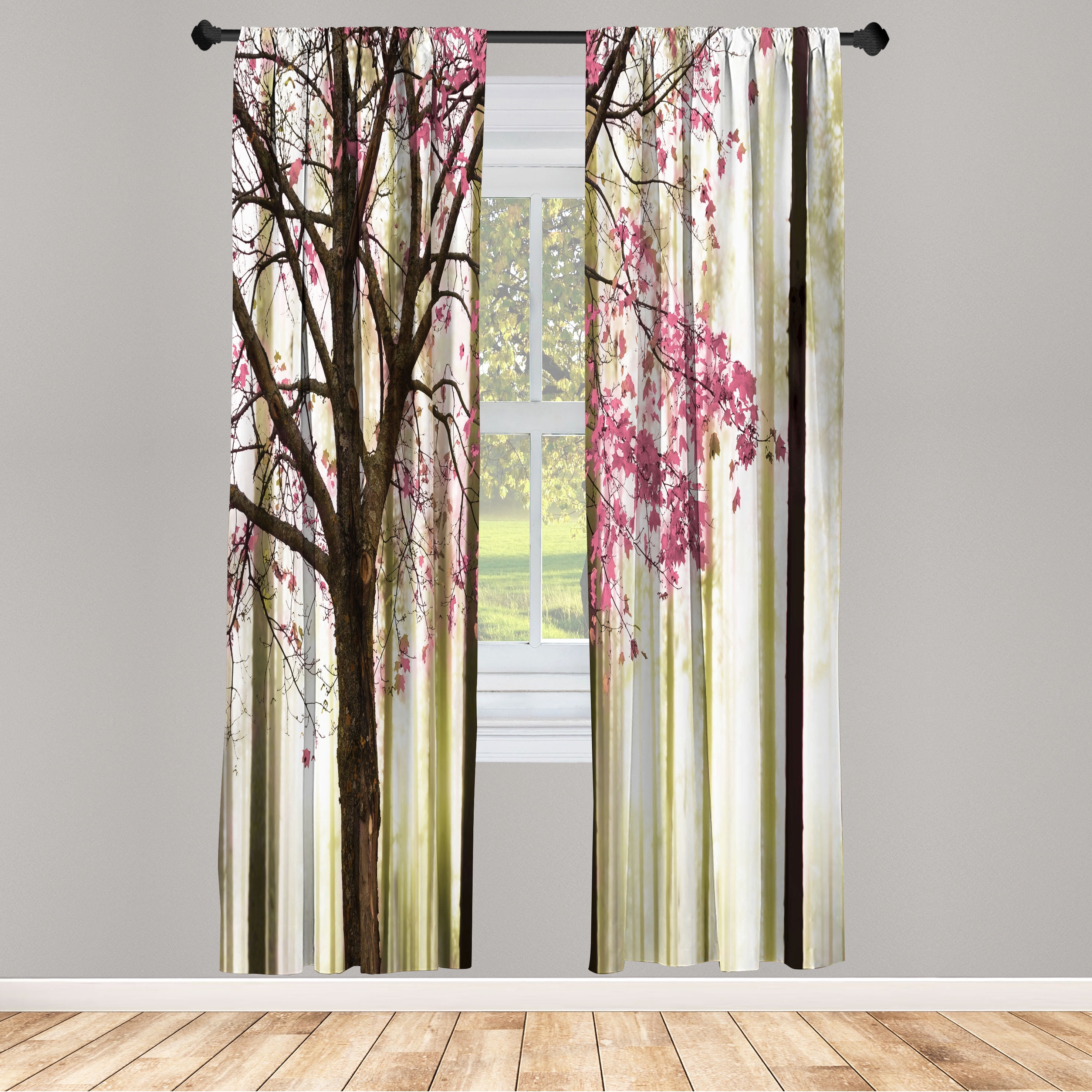 Ambesonne Autumn Curtains, Lonely Tree Leaves Woods, Pair of 28