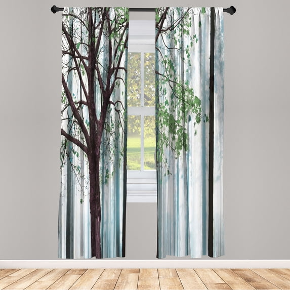 Ambesonne Autumn Curtains, Lonely Tree Leaves Woods, Pair of 28"x95", Mint Green