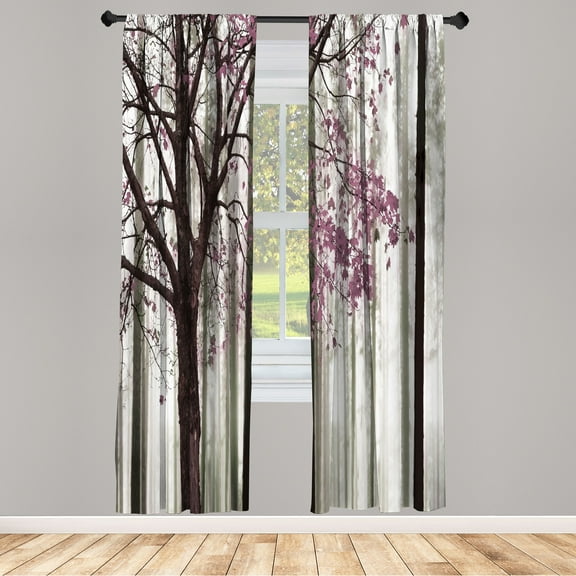 Ambesonne Autumn Curtains, Lonely Tree Leaves Woods, Pair of 28"x95", Pale Fuchsia