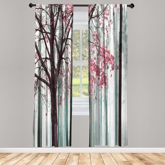 Ambesonne Autumn Curtains, Lonely Tree Leaves Woods, Pair of 28"x95", Pastel Pink