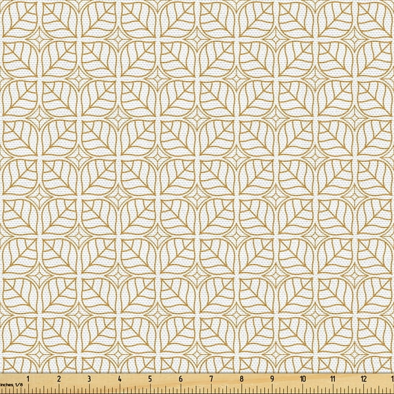 Ambesonne Autumn Damask Fabric by the Yard Upholstery, Bicolored Leaves Art, 5 Yards, Off White and Almond
