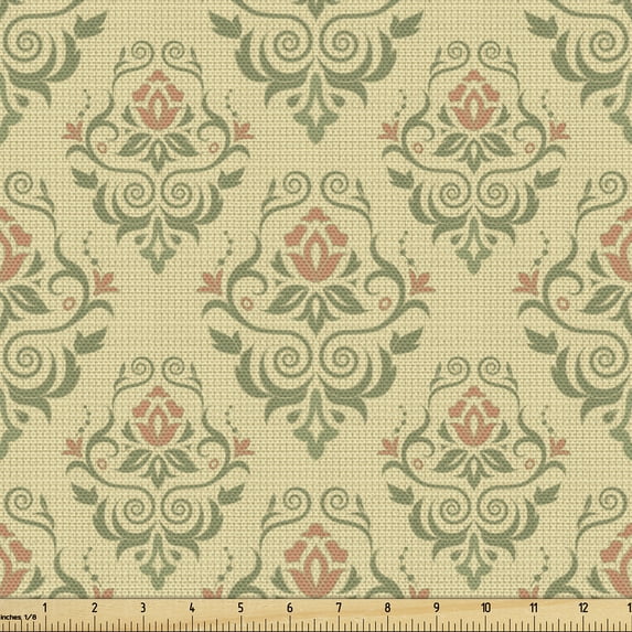 Ambesonne Autumn Damask Fabric by the Yard Upholstery, Retro Floral Elements, 10 Yards, Beige Green and Dried Rose