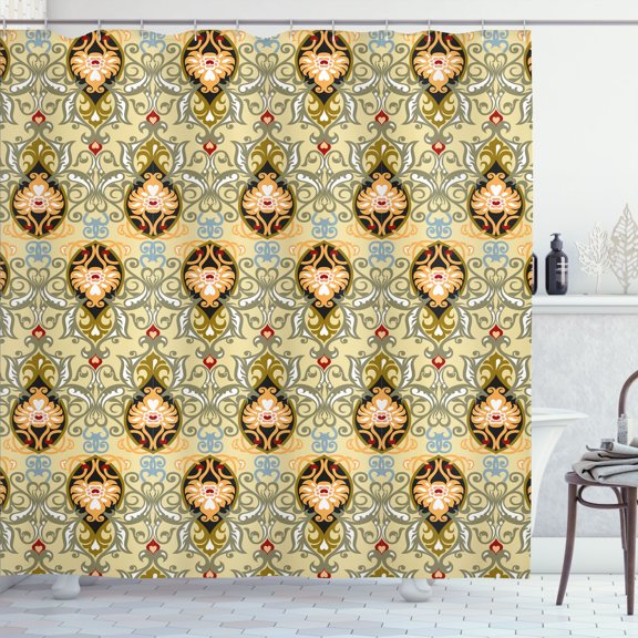 Ambesonne Autumn Damask Shower Curtain, Symmetrical Shapes, 69"Wx75"L, Pale Khaki and Multicolor