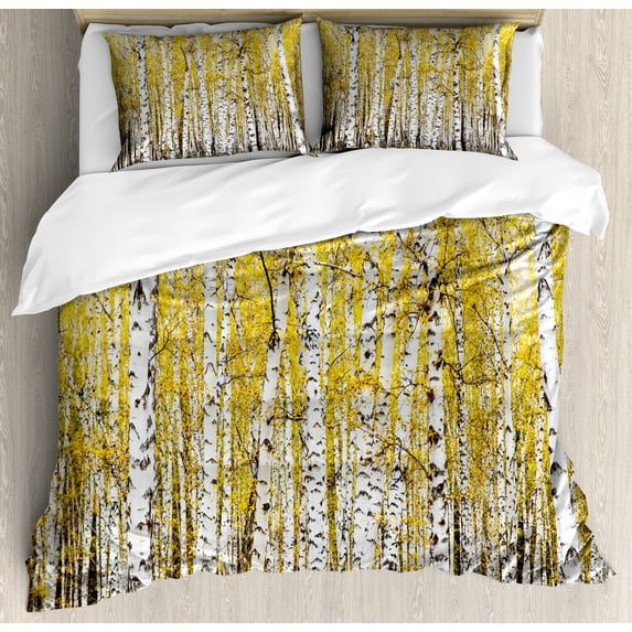 Ambesonne Autumn Duvet Cover Set, Forest Golden Leaves, Queen, Yellow Grey