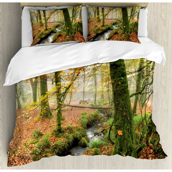 Ambesonne Autumn Duvet Cover Sets, Misty Woods Cornwall, 2-King, Orange Green Yellow