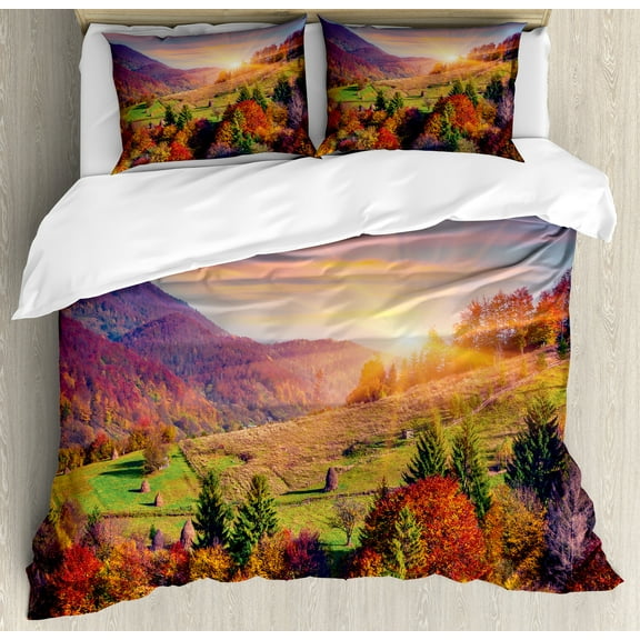 Ambesonne Autumn Duvet Cover Sets, Morning in Mountain Tree, 2-Queen, Red Purple Green