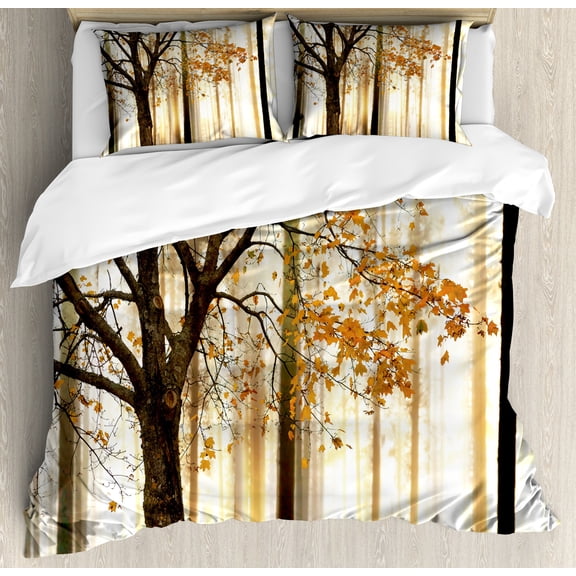 Ambesonne Autumn Duvet Cover Sets, Tree in Abstract Woods, 2-Queen, Orange Brown