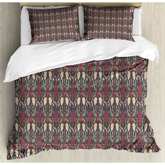 Ambesonne Autumn Duvet Cover Sets, Various Leaves Branches Art, 2-Queen, Dark Taupe Grey and Hot Pink