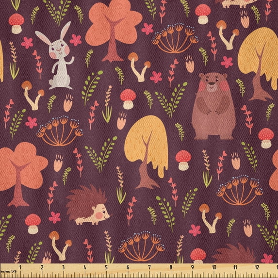 Ambesonne Autumn Fabric by the Yard Microfiber, Bear Hedgehog Rabbit Design, 2 Yards, Maroon and Multicolor