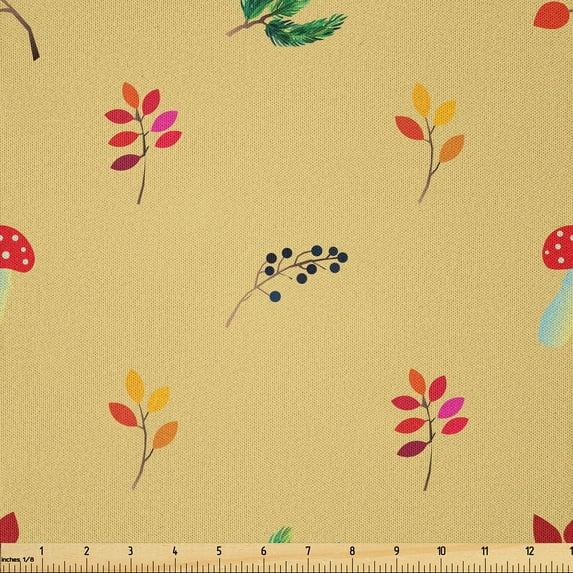 Ambesonne Autumn Fabric by the Yard Microfiber, Colorful Leaves Mushrooms, 5 Yards, Pale Camel and Dark Coral