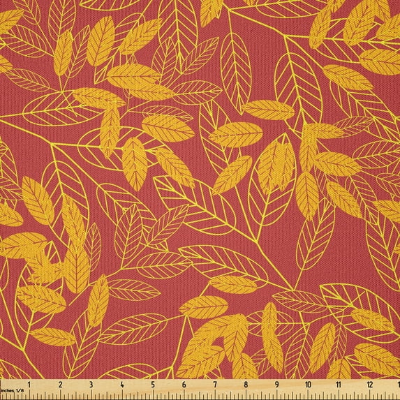 Ambesonne Autumn Fabric by the Yard Microfiber, Detailed Fall Leaves Pattern, 2 Yards, Pale Maroon Earth Yellow