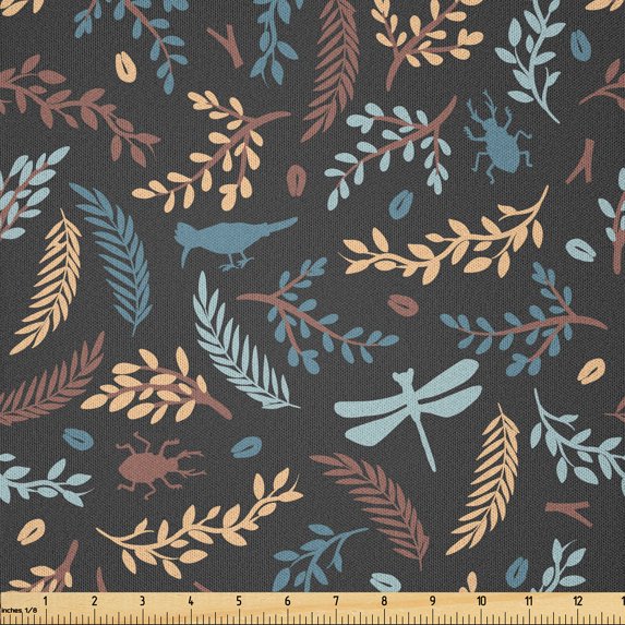 Ambesonne Autumn Fabric by the Yard Microfiber, Leaves Dragonflies Drawing, 3 Yards, Dark Grey Brown Pale Blue