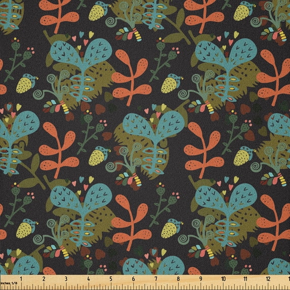Ambesonne Autumn Fabric by the Yard Microfiber, Scandinavian Style Leafage, 3 Yards, Burnt Sienna and Teal
