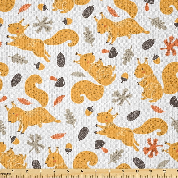 Ambesonne Autumn Fabric by the Yard Microfiber, Squirrel Mushroom Acorn, 1 Yard, Orange Pale Orange Taupe