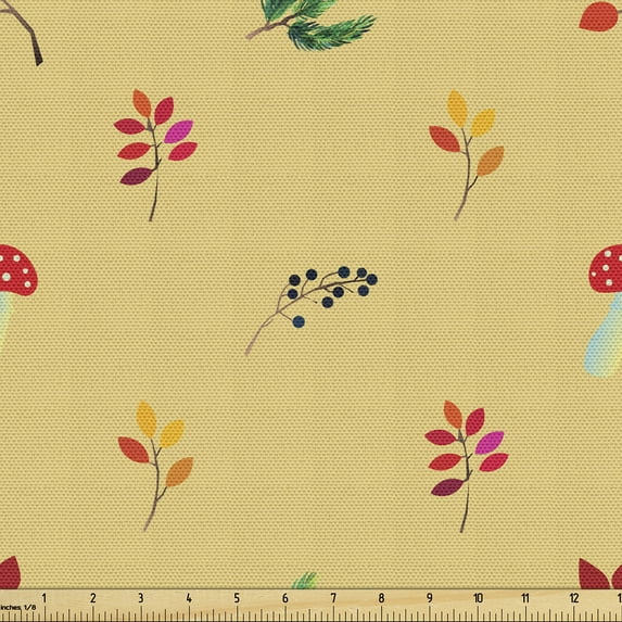 Ambesonne Autumn Fabric by the Yard Upholstery, Colorful Leaves Mushrooms, 5 Yards, Pale Camel and Dark Coral