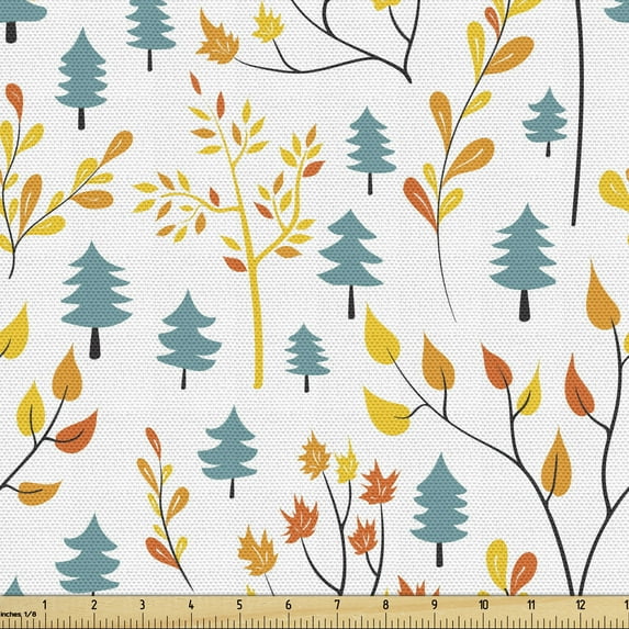 Ambesonne Autumn Fabric by the Yard Upholstery, Doodle of Fallen Leafage, 2 Yards, Cadet Blue and Marigold