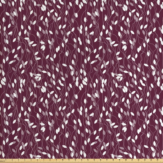 Ambesonne Autumn Fabric by the Yard Upholstery, Dotted Lines Abstract Leaves, 5 Yards, Eggplant Grey Pink White