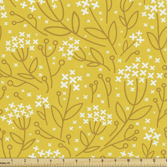 Ambesonne Autumn Fabric by the Yard Upholstery, Earth Yellow Fall Branches, 10 Yards, Earth Yellow and White