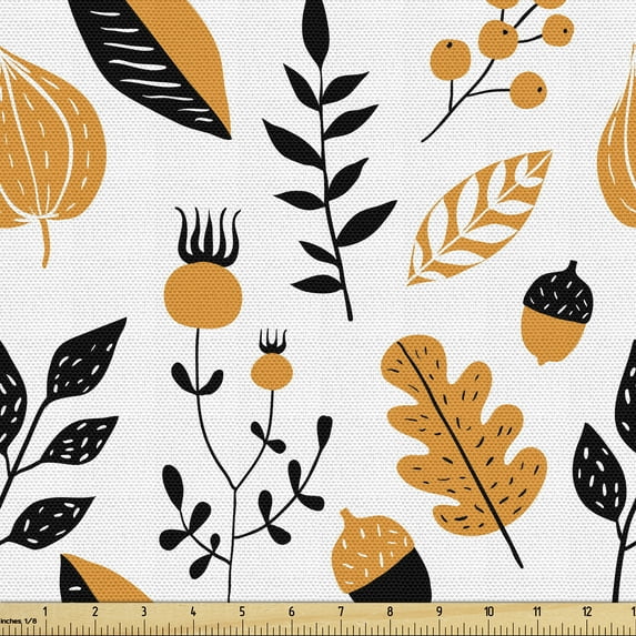 Ambesonne Autumn Fabric by the Yard Upholstery, Flower Leaf Branch Pattern, 3 Yards, Charcoal Grey Orange